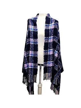 Aerie Navy Pink Blue and White Plaid Scarf Throw Shawl Fringe Soft 72" x 32" OS